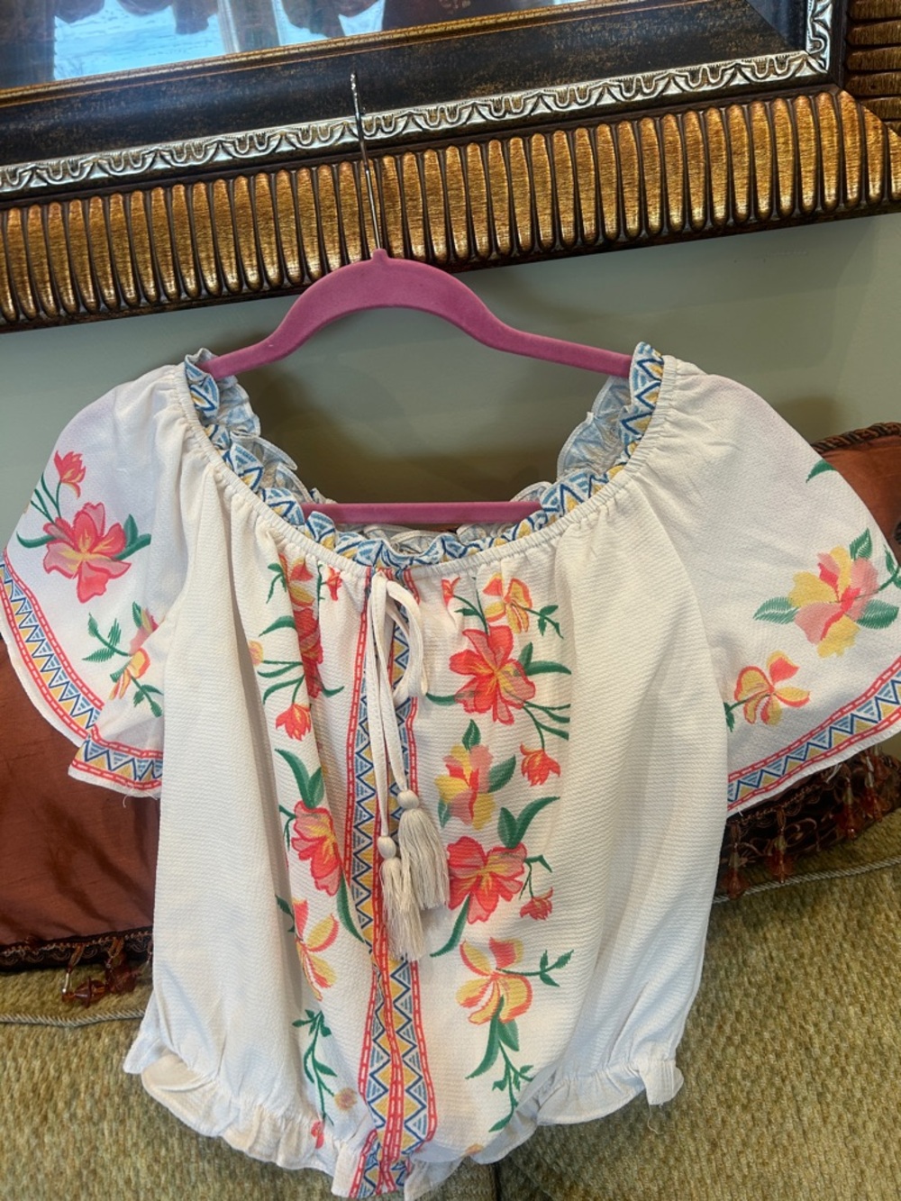 Flying Tomato White Floral Embroidered Peasant Blouse